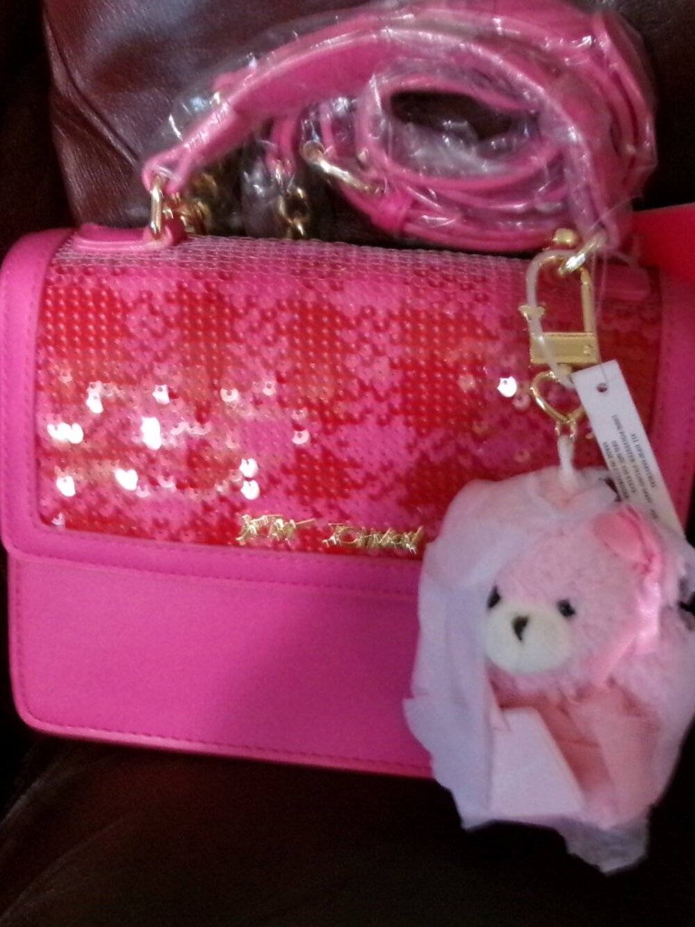 Adorable NWT Pink Betsey Johnson Sequin Top Satchel Crossbody with Bear